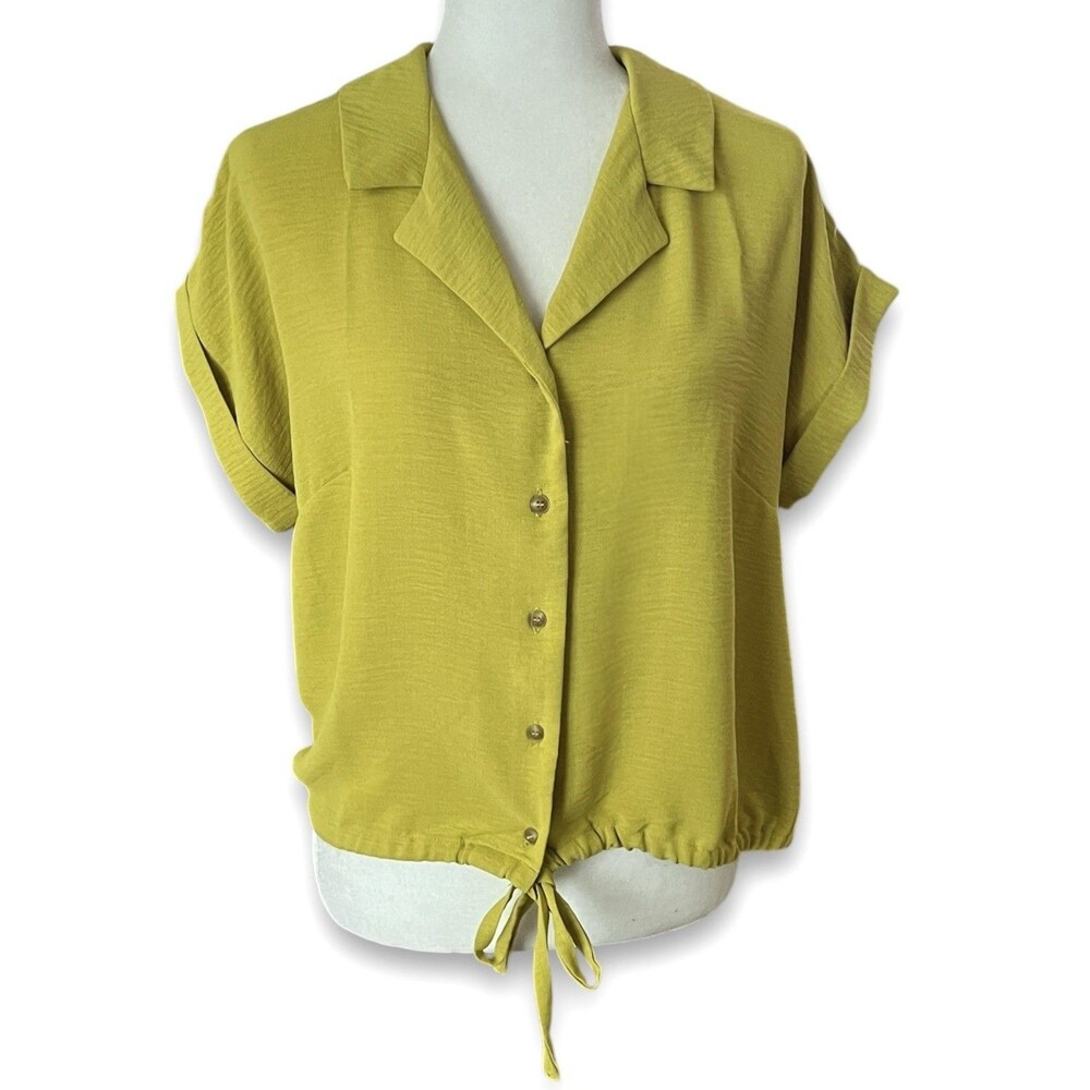 PINK & lime Button-Up Blouse W/Bat Wing Sleeves Yellow/Green Women’s Large NWOT